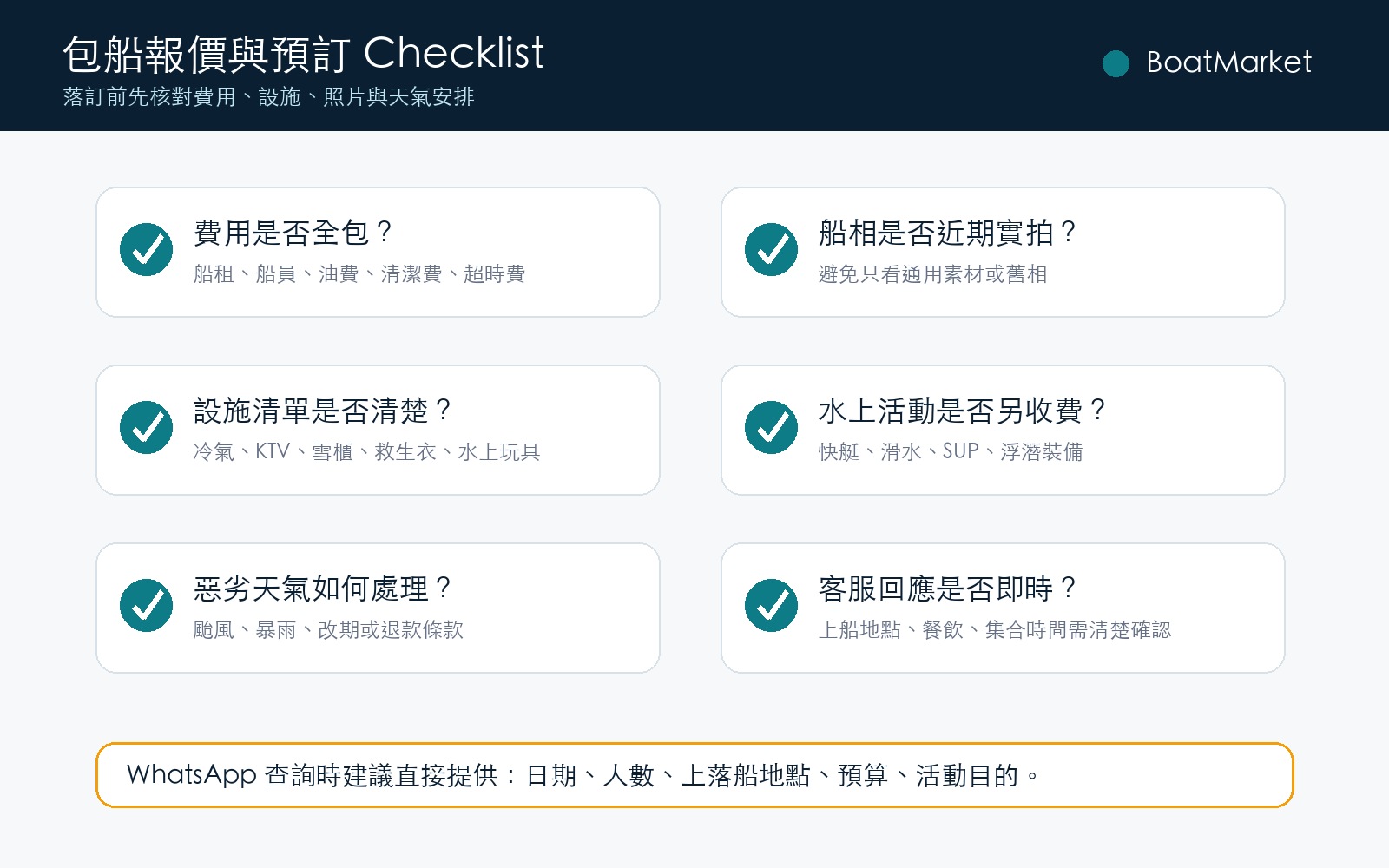 香港包船报价与预订 checklist：费用、设施、船相、天气及客服确认事项