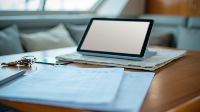 Yacht sale listing preparation documents on a tidy cabin table