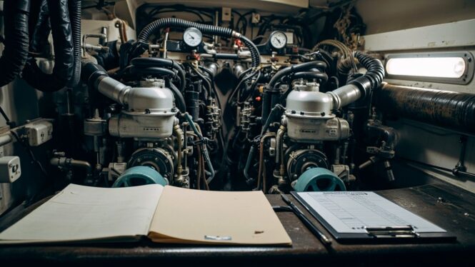 Post-summer yacht engine room maintenance inspection with checklist