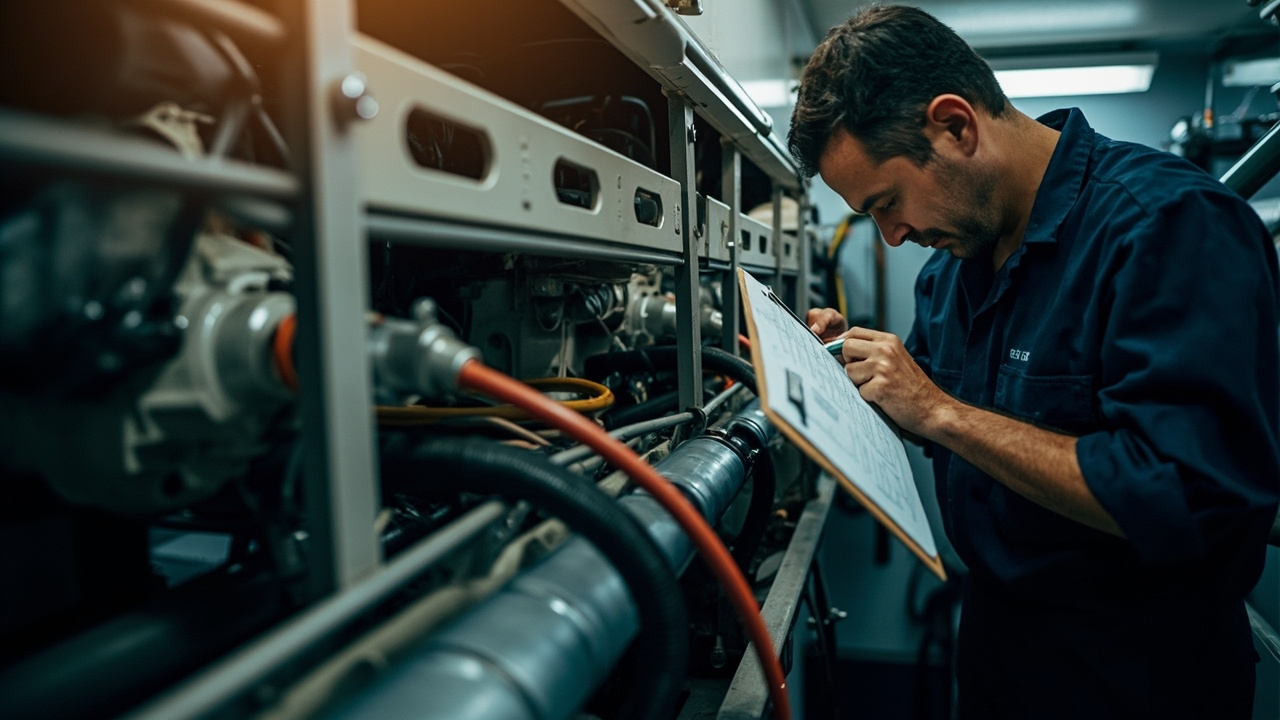 Premium yacht engine room maintenance inspection after summer use