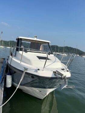Quicksilver 855 Weekend bow exterior showing the full boat at berth