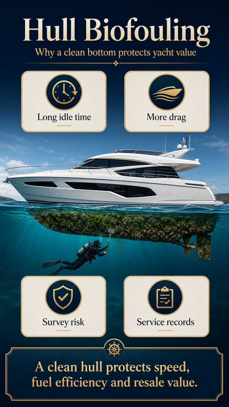 Yacht hull biofouling English infographic